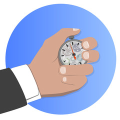Time management business concept. A man's hand in a business suit with a stopwatch.
