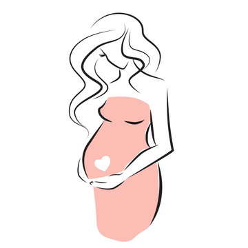 Young beautiful pregnant woman with long hair line art vector illustration. Stylized silhouette of a pregnant girl.