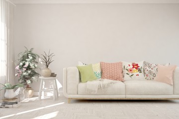 Stylish room in white color with sofa. Scandinavian interior design. 3D illustration
