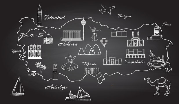 Map of Turkey with popular attraction drawing on chalkboard. Turkish region map with famous architectural objects and cultural symbols hand drawn vector illustration.