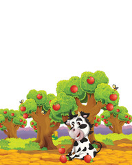 cartoon scene with cow on a farm ranch having fun on white background - illustration for children
