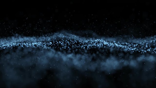 Video abstraction in the form of waves from soaring light particles in empty and dark space, similar to snow