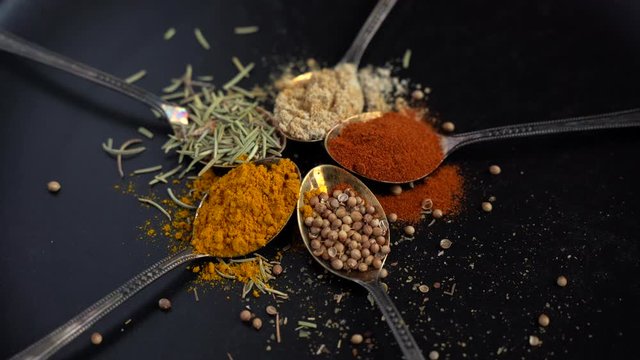 Healthy Paleo Spices In Teaspoons On Table Rotating - Turmeric