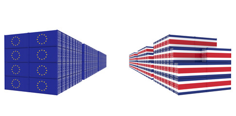 3D Illustration of two group Cargo Containers with Costa Rica and European Union Flag on white background. Delivery, transportation, shipping freight transportation.