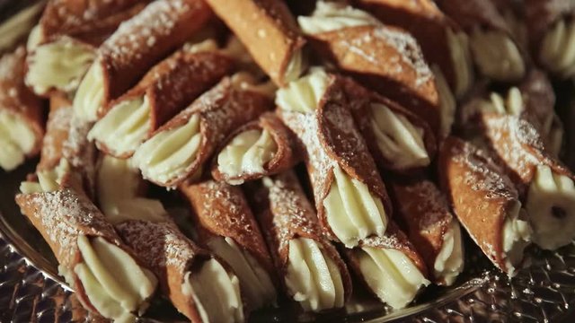 closeup panorama of shortbread cookie with mousse cream filling