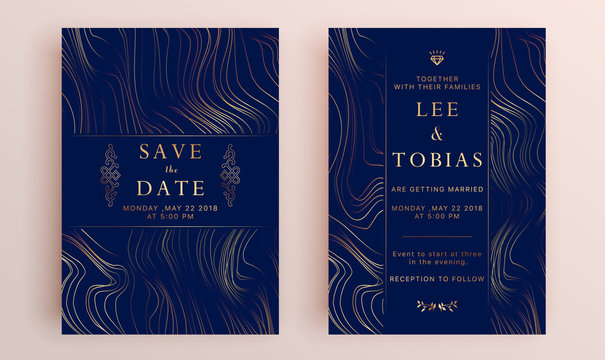 Beautiful set of wedding card templates. Gold collection of geometrical polyhedron, art deco style for wedding invitation, luxury templates, decorative patterns.