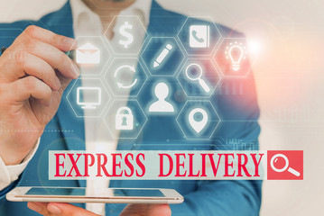 Text sign showing Express Delivery. Business photo text expediting the distributiuon of goods and services