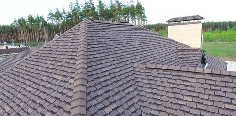 Bituminous tile for a roof. House with a roof from a bituminous tile. a roof from a bituminous tile. Moder