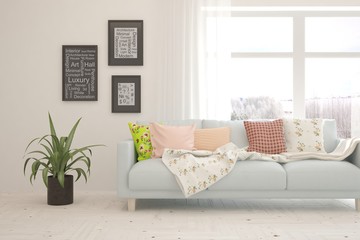 Stylish room in white color with sofa and winter background in window. Scandinavian interior design. 3D illustration