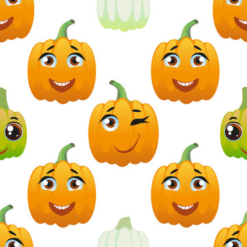 Cute seamless pattern with cartoon emoji pumpkin