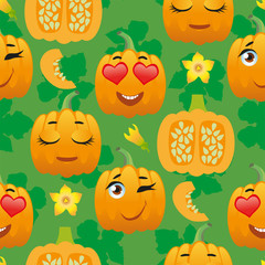 Cute seamless pattern with cartoon emoji pumpkin