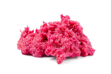 Red horseradish root sauce isolated on a white background. Spicy red grated horseradish seasoning for food. Red horseradish sauce with beetroot isolated, top view. Vegetarianism, healthy eating.