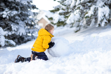 Fototapeta na wymiar Little adorable boy building snowman. Playing with snow ball. winter cold time. Smiling and laughing