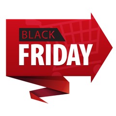 Black Friday text on red ribbon banner arrow shaped icon isolated on white background.