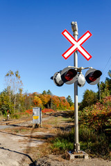 Railroad Crossing sign with tracks & trees in the distance