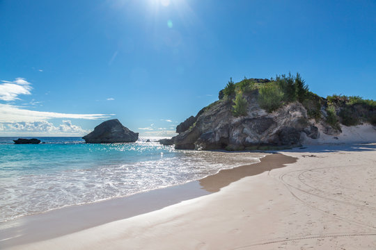Looking out over the ocean from the sandy beach, at Horseshoe Bay on the Island of Bermuda