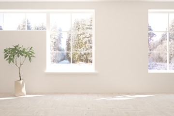 Obraz na płótnie Canvas Mock up of empty room in white color with winter landscape in window. Scandinavian interior design. 3D illustration
