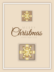 Merry Christmas minimal design with xmas gift box on beige background