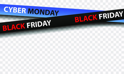 Black and blue ribbons for sale. Black friday, cyber monday, isolated on transparent background. Crossed ribbons. Graphic elements