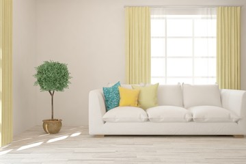 Stylish room in white color with sofa. Scandinavian interior design. 3D illustration