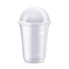 Empty clear disposable plastic cup with lid