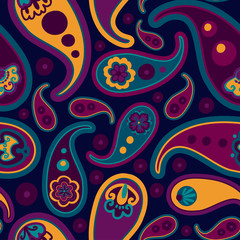 Fototapeta premium Modern seamless vector with decorative abstract shapes in jewel-tone. Can be used for printing on paper, stickers, badges, bijouterie, cards, textiles. 