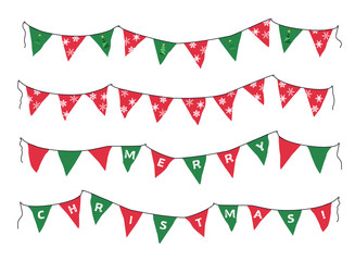 Obraz premium Cartoon Christmas pennant banner and flags set. Different shapes red and green pennant banner string isolated on white background. Colourful garland for the Christmas. Vector illustration.