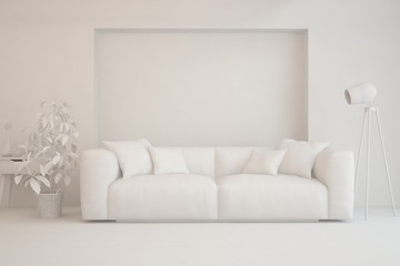 Mock up of stylish room in white color with sofa. Scandinavian interior design. 3D illustration