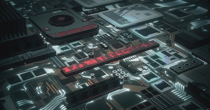 Digitally generated circuit board with moving electrons LED text Communication