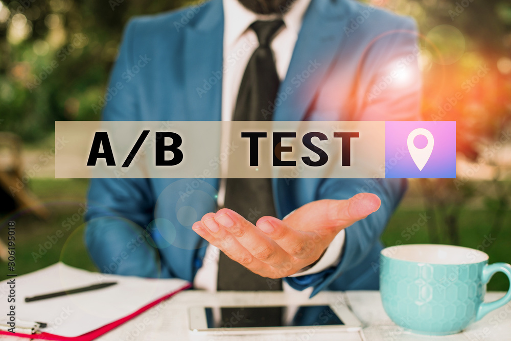 Poster writing note showing a or b test. business concept for test to determine consumers prefer ability am