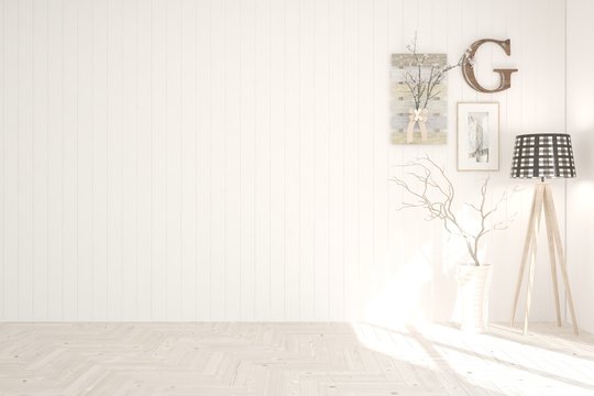 Empty room in white color with lamp, vase and pictures on a wall. Scandinavian interior design. 3D illustration