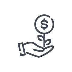 Financial investment and profit line icon. Money plant growth with hand vector outline sign.