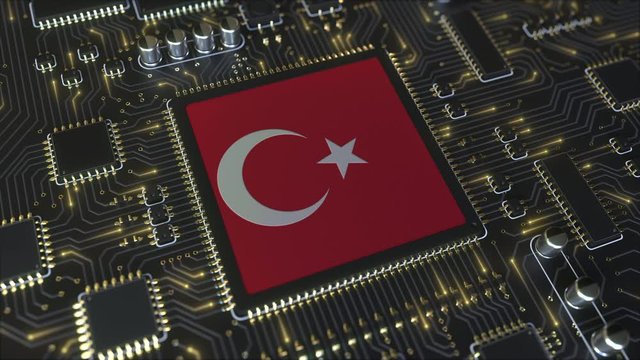 Flag of Turkey on the operating chipset. Turkish information technology or hardware development related conceptual 3D animation