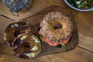 Buttered Bagel salmon salad nuts vegetables sandwich healthy eating high protein health bagel chopping bod luxury homemade food vlog bloggers aesthetic meal balanced diet