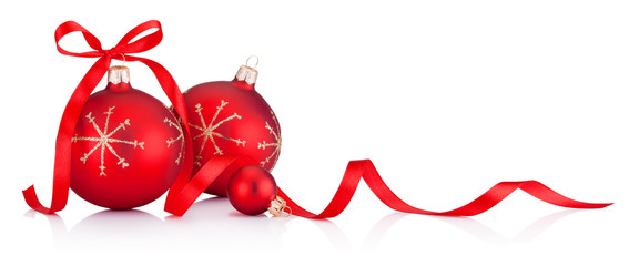 Red Christmas decoration baubles with ribbon bow isolated on a white background