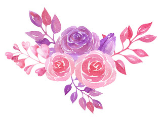  Watercolor composition with roses. Pink and purple colors.