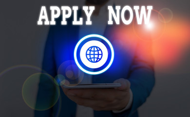Text sign showing Apply Now. Business photo showcasing An act of a demonstrating to acquire the job...