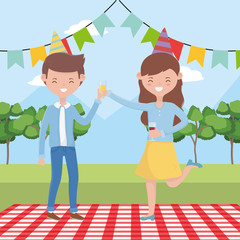 Woman and man cartoon having picnic vector design