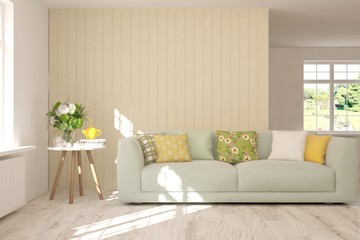 Stylish room in white color with sofa. Scandinavian interior design. 3D illustration