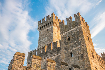 walls and towers of the castle of Sirmione (Castello di Sirmione), a famous place in the old town of Sirmione, Italy