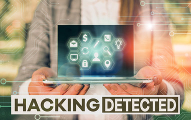 Writing note showing Hacking Detected. Business concept for identify the presence or unauthorized...