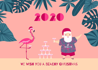 Tropical Christmas Greeting Card Santa Flamingo Champagne