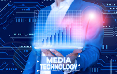 Conceptual hand writing showing Media Technology. Concept meaning process of huanalysis origin that used to convey media