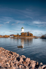 castle on the island and the tower of St. Olav in the city of Vyborg Russia on a sunny autumn day