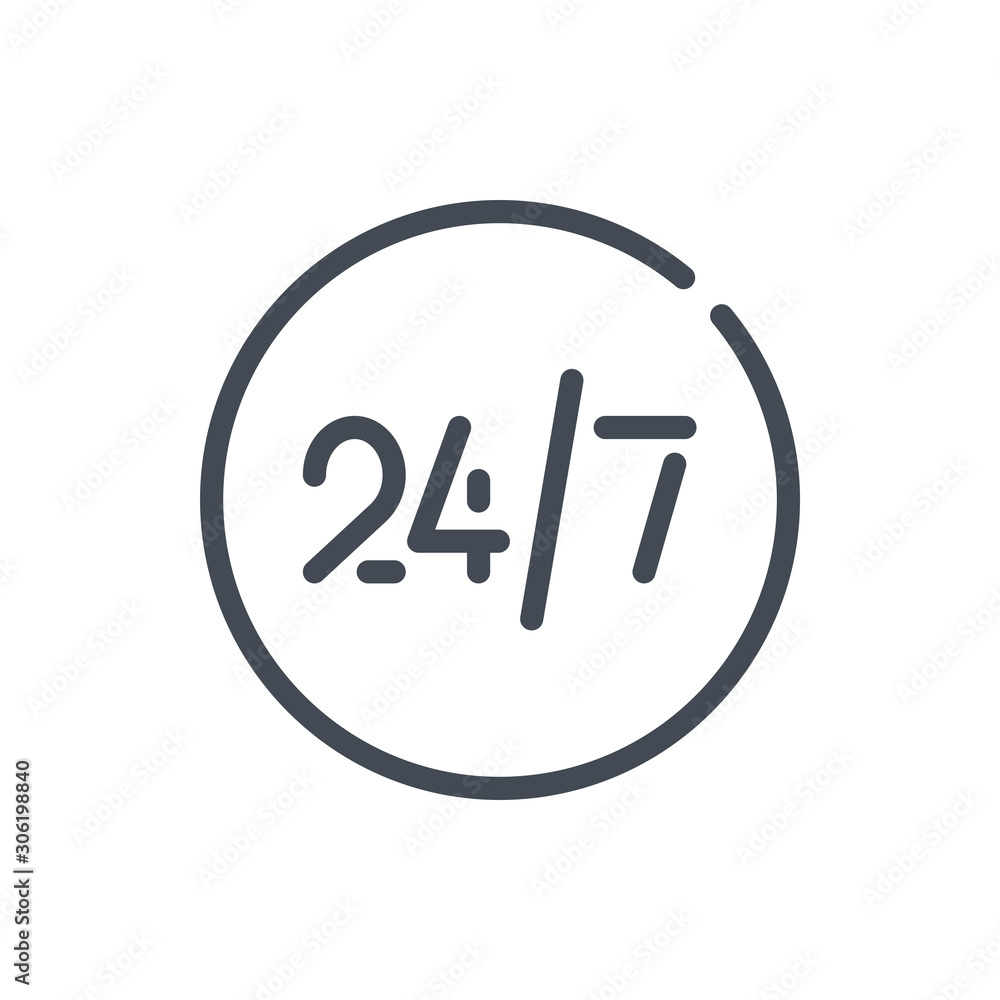 Poster customer service 24/7 line icon. circle button with 24/7 vector outline sign.