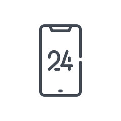 Mobile phone with 24 on display line icon. Online support vector outline sign.