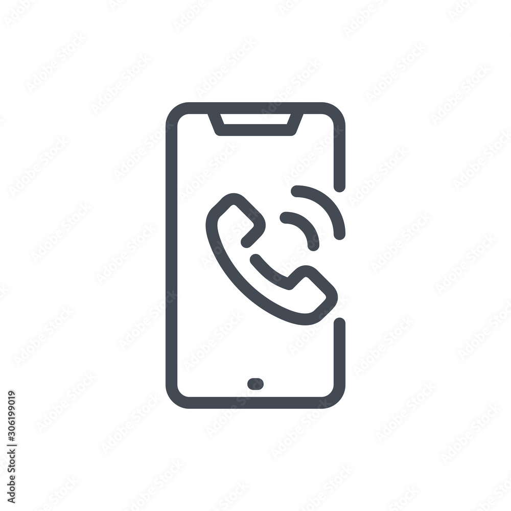 Poster smartphone with an incoming call line icon. mobile phone with phone tube on display vector outline s