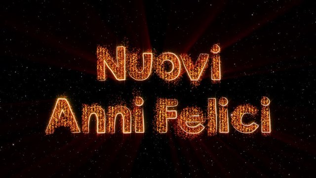 "Happy New Year" text in Italian "Nuovi Anni Felici" loop animation over dark animated background