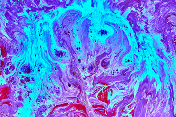Abstract liquid purple pink blue colors outer space background. Exoplanet cosmic sea pattern, macro...