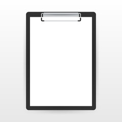 Black clipboard with blank white sheet. Vector stock illustration.